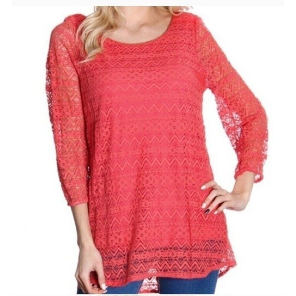 Rachel Kate Womens L Lace Blouse Coral Pink 3/4 Sleeve Top Chiffon Bow Coquette